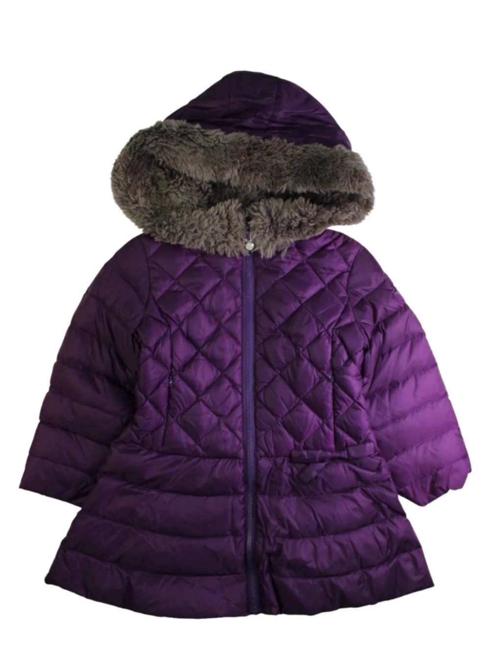Armani Junior girls' purple quilted puffer coat with a faux fur-trimmed hood